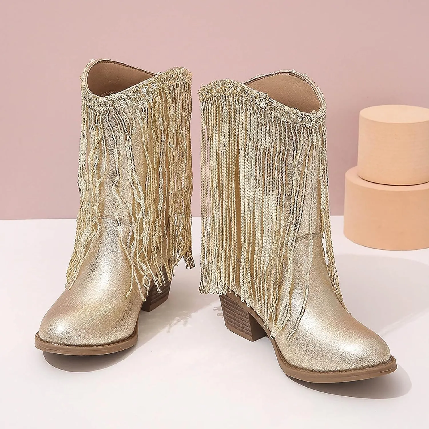 Girl's Fringe Western Boots Wide Calf Riding Cowgirl Cowboy Boots Low Chunky Heel Ankle Boot Pull-On Mid Calf Booties