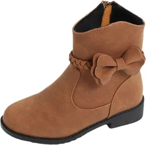 Girls Waterproof Outdoor Side Zipper Ankle Boots Bow Little Kid Low Heel Leather Western Boots Winter Booties