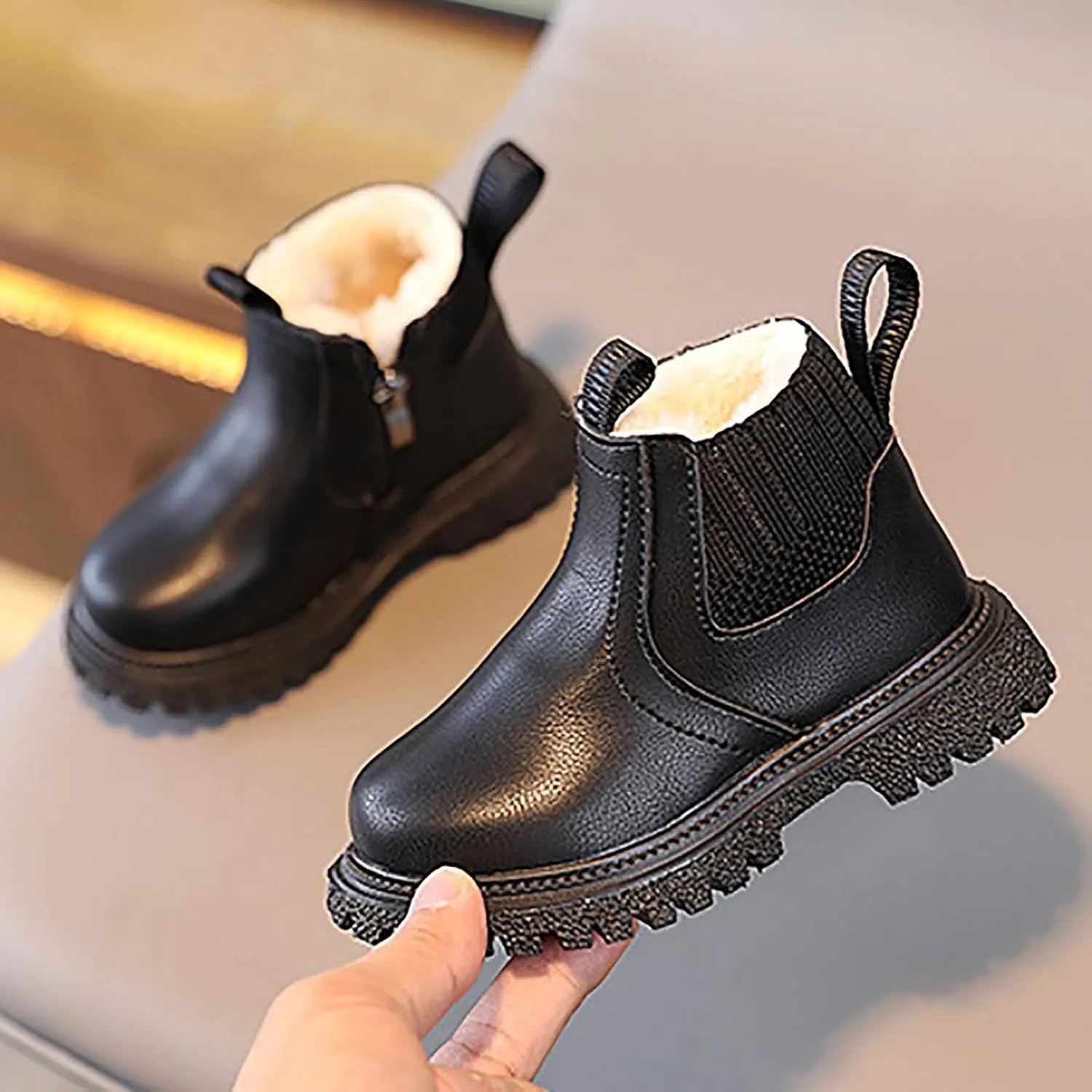 Kids Girls Ankle Bootie Side Zipper Short Suede Booties Slip on Faux Leather Booties Side Zip Low Heels Little Big Kid