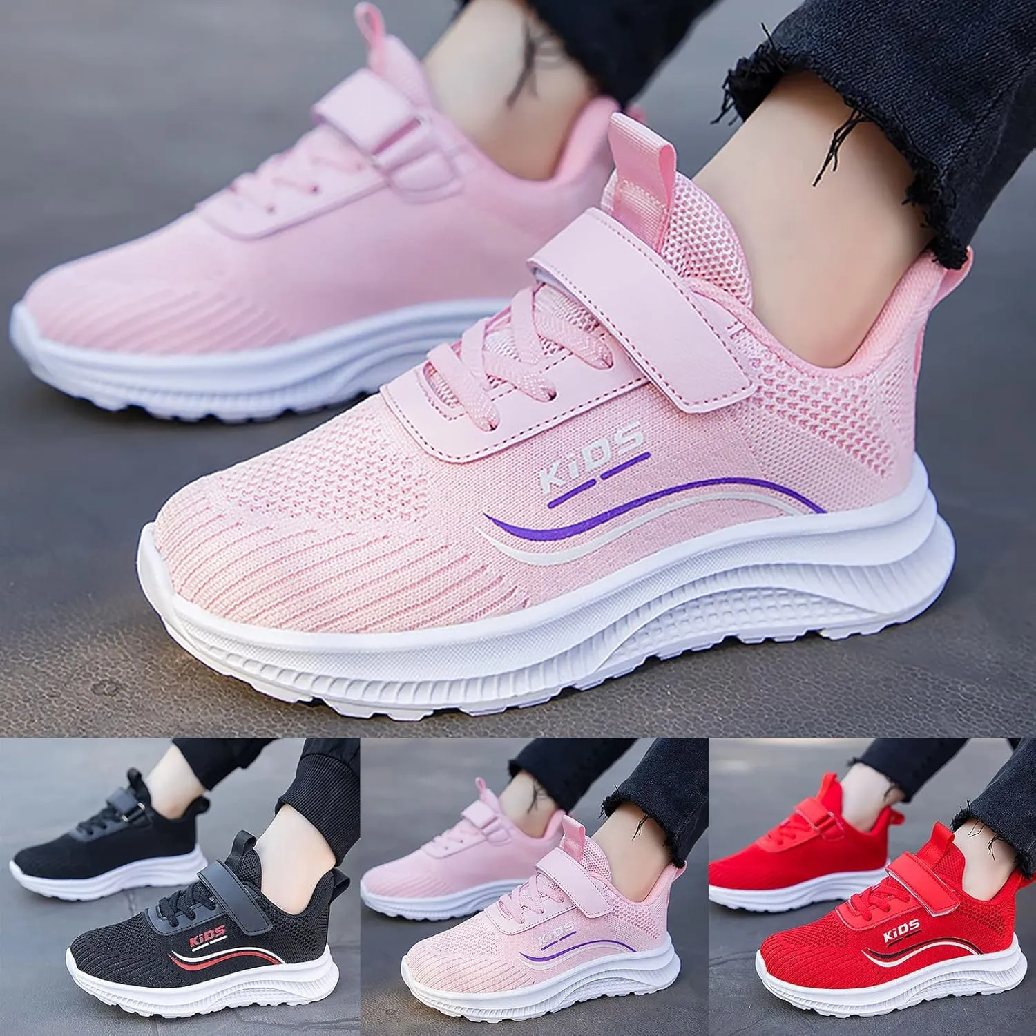 Kids Running Shoes Lightweight Breathable Elastic Adjustable Strap Soft Sole Anti Slip Tennis Shoes for Toddler