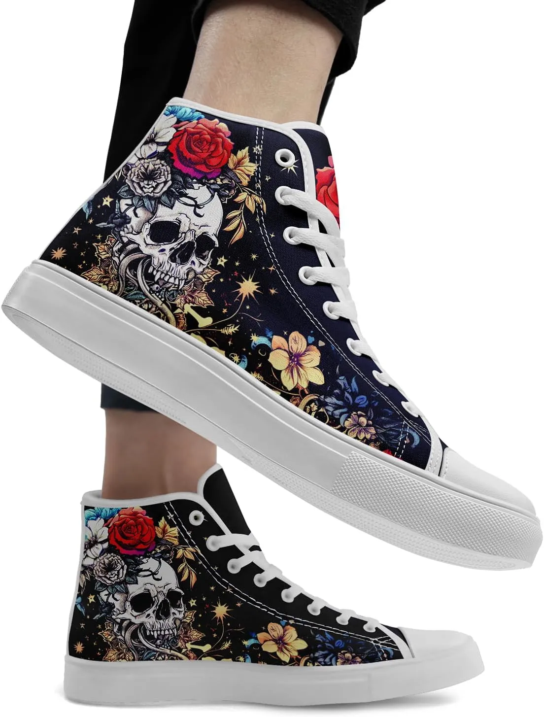 Men's Skull Canvas High Top Shoes Classic Fashion High Top Sneakers Unisex Casual Lace Up Tennis Shoes