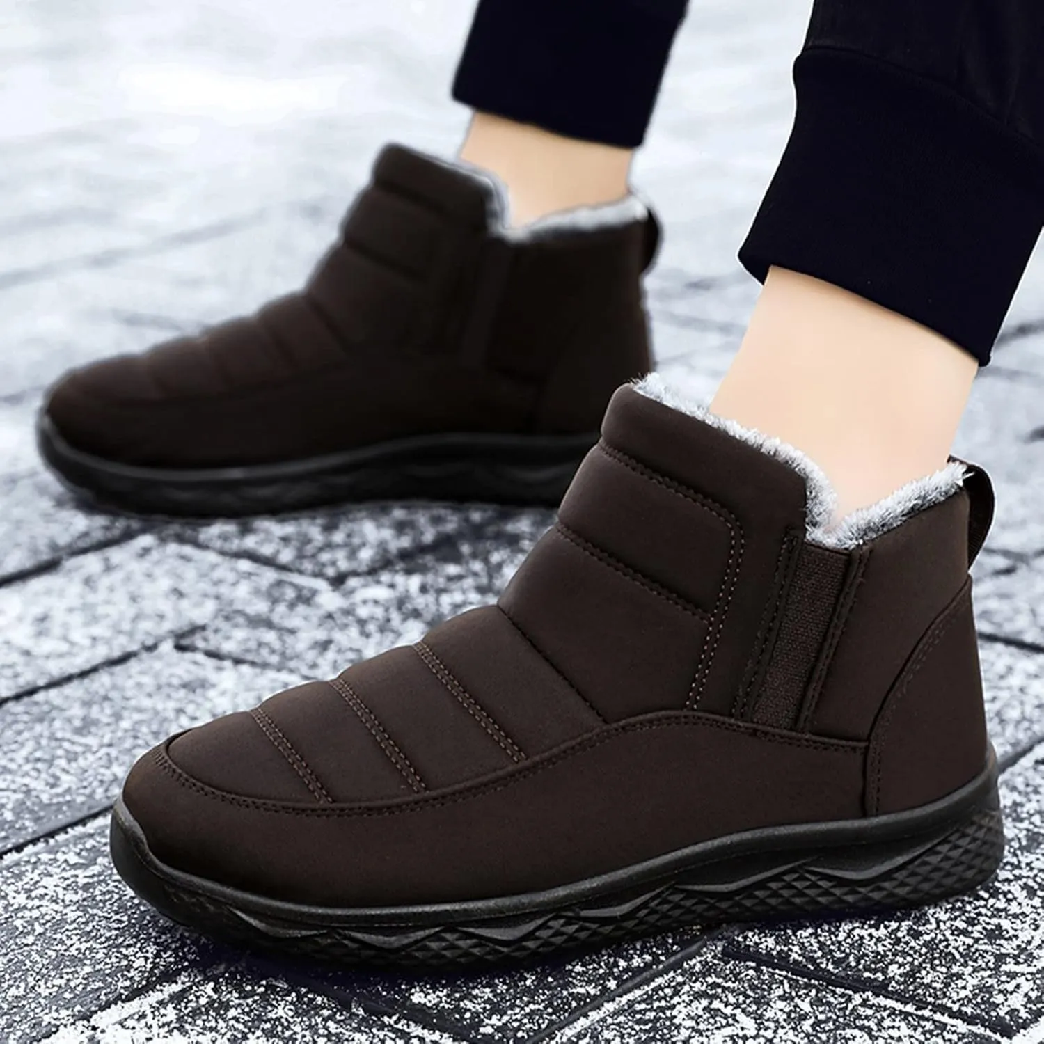 Men's Snow Boots Warm Faux Furry Lined Footwear Waterproof Outdoor Lightweight Winter Boots Slip on Ankle Booties Non-slip Climbing Shoes Hiking Boots