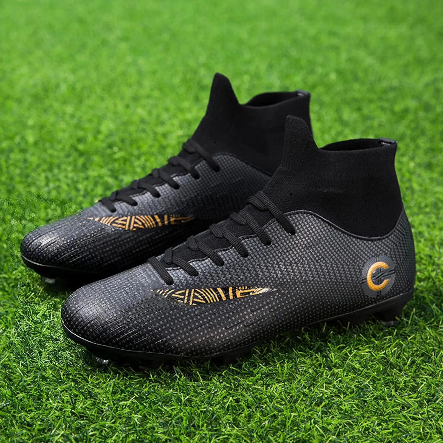 Men's Soccer Cleats Football Shoes with Non-Slip Spikes High-Tops Lace-Up Ankle Support Outdoor Firm Ground Turf Baseball Lacrosse Combat Boots