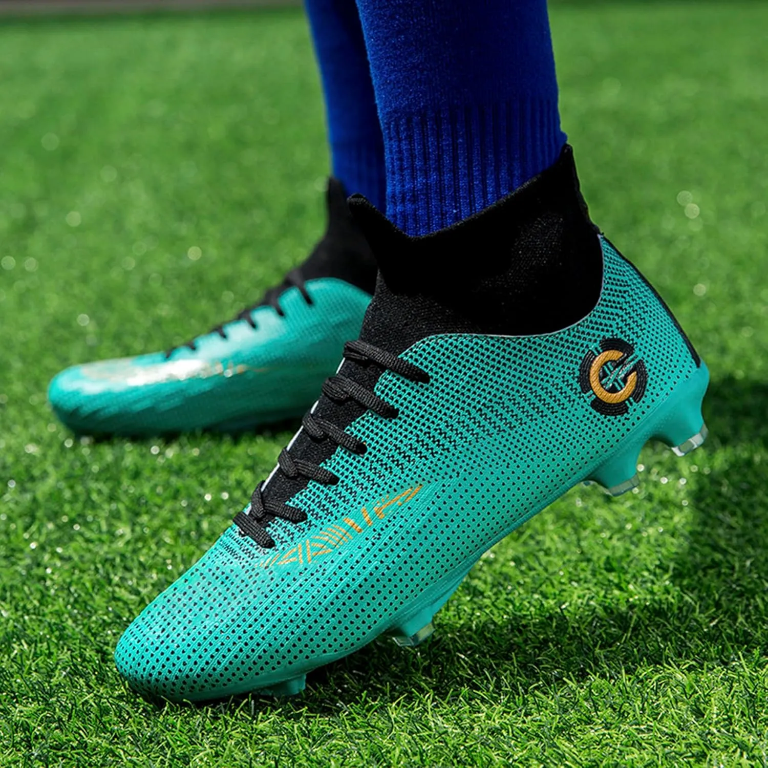 Men's Soccer Cleats Football Shoes with Non-Slip Spikes High-Tops Lace-Up Ankle Support Outdoor Firm Ground Turf Baseball Lacrosse Combat Boots