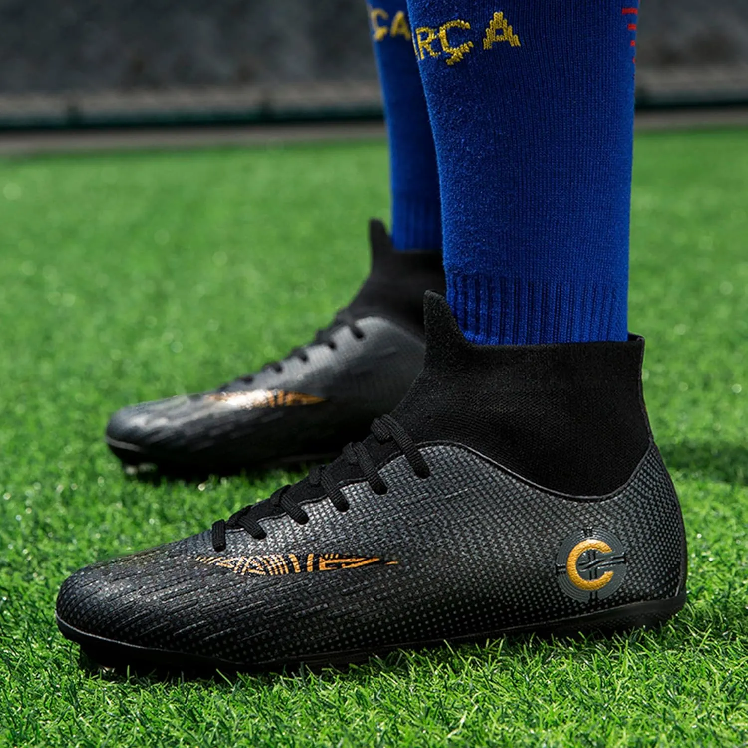 Men's Soccer Cleats Football Shoes with Non-Slip Spikes High-Tops Lace-Up Ankle Support Outdoor Firm Ground Turf Baseball Lacrosse Combat Boots