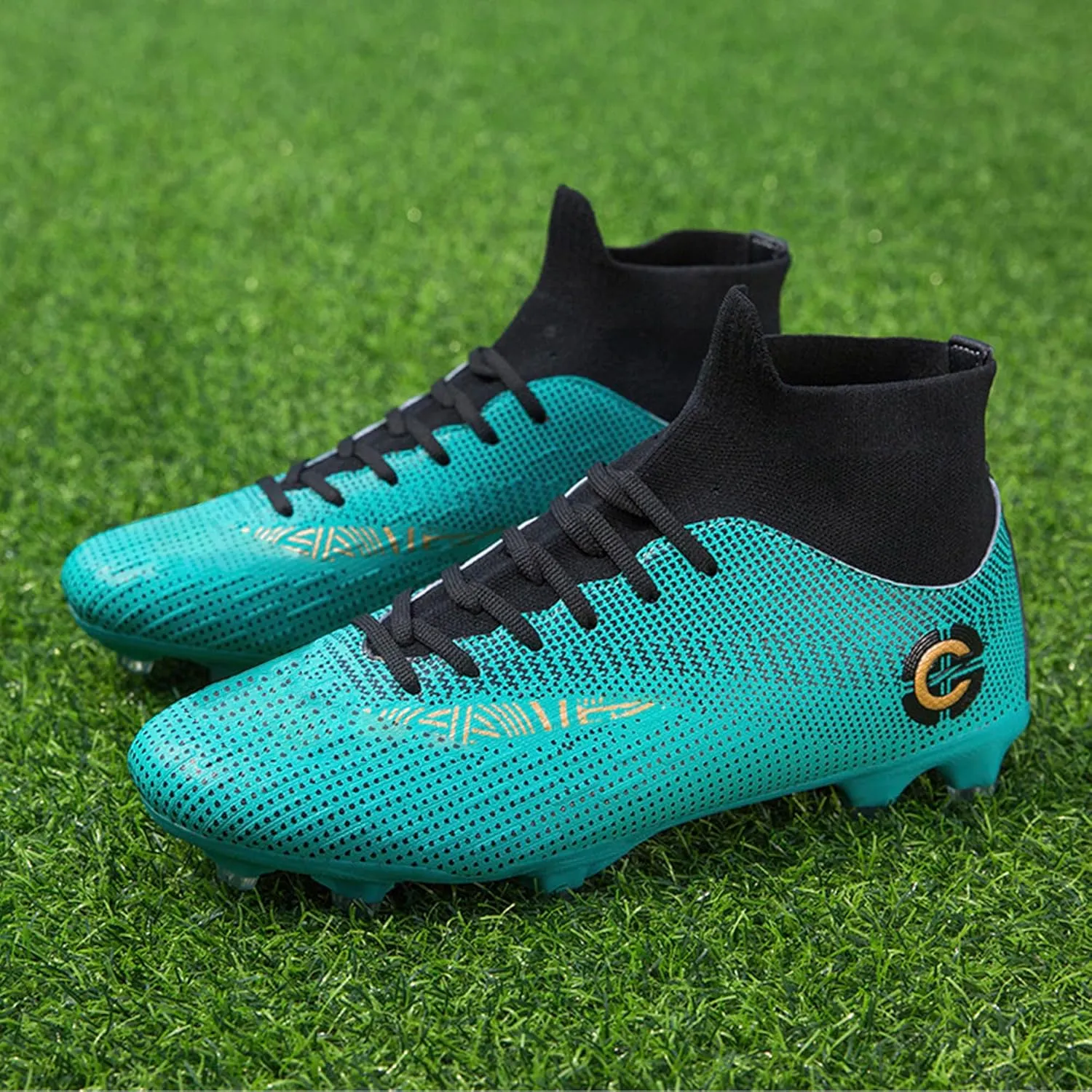 Men's Soccer Cleats Football Shoes with Non-Slip Spikes High-Tops Lace-Up Ankle Support Outdoor Firm Ground Turf Baseball Lacrosse Combat Boots