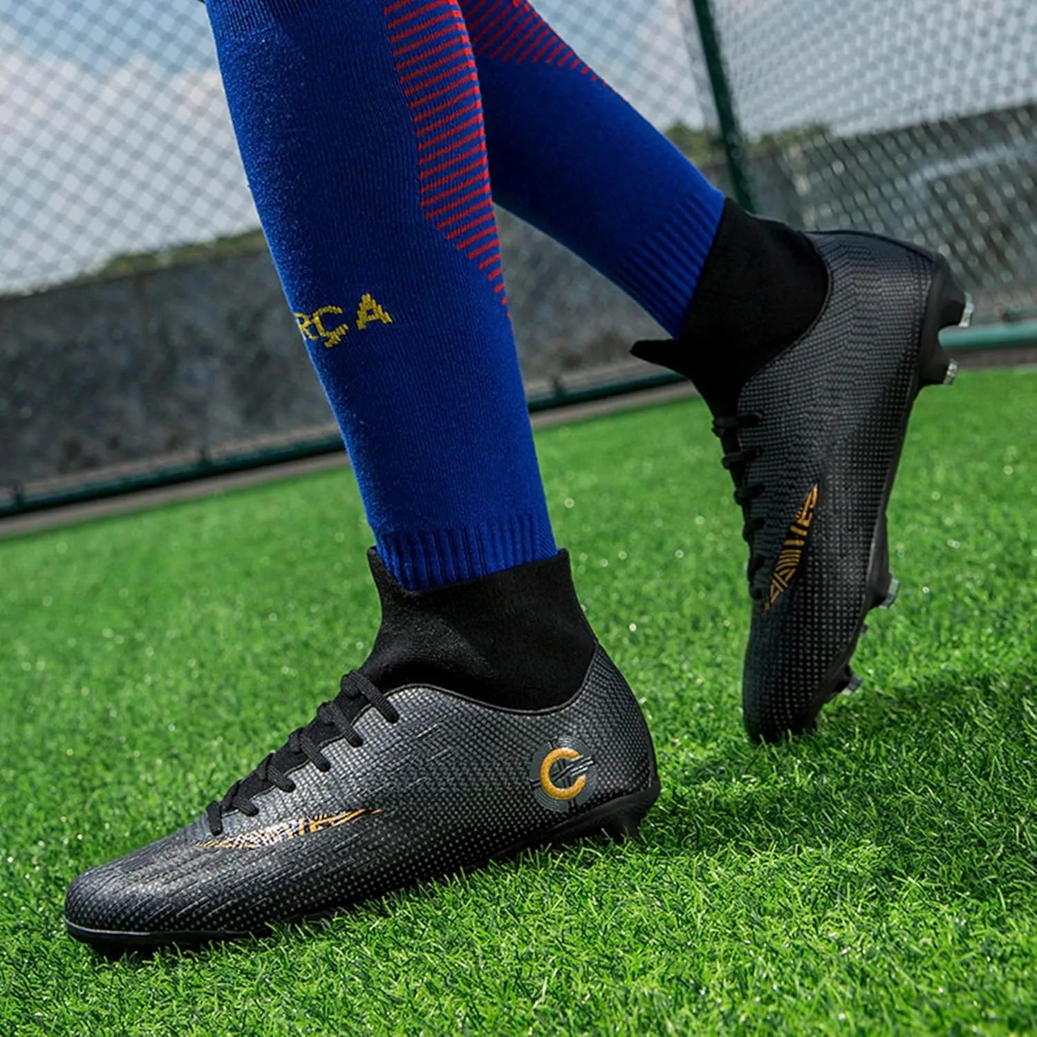 Men's Soccer Cleats Football Shoes with Non-Slip Spikes High-Tops Lace-Up Ankle Support Outdoor Firm Ground Turf Baseball Lacrosse Combat Boots
