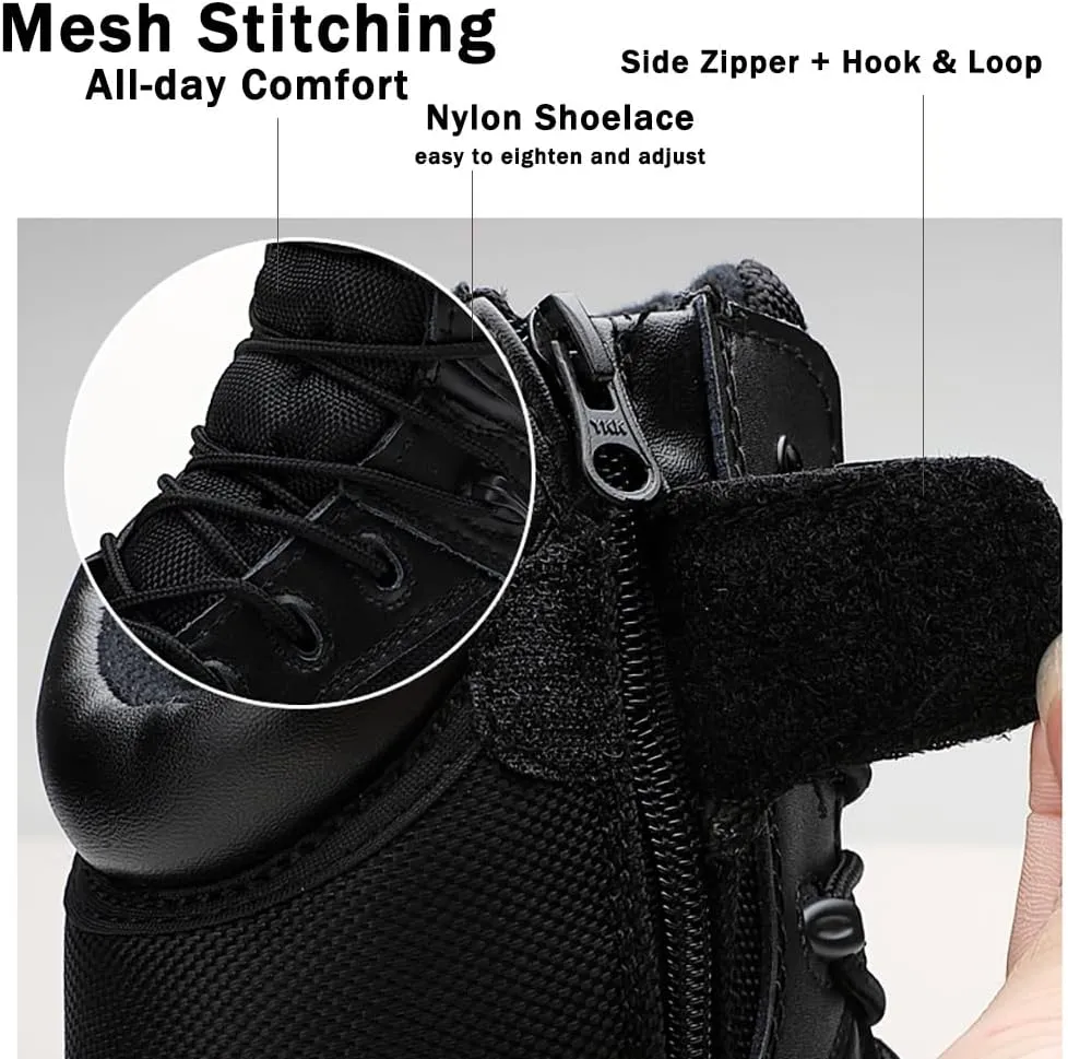 Men's Tactical Ankle Boots: Side Zipper Military Work Boots, Hook & Loop Closure