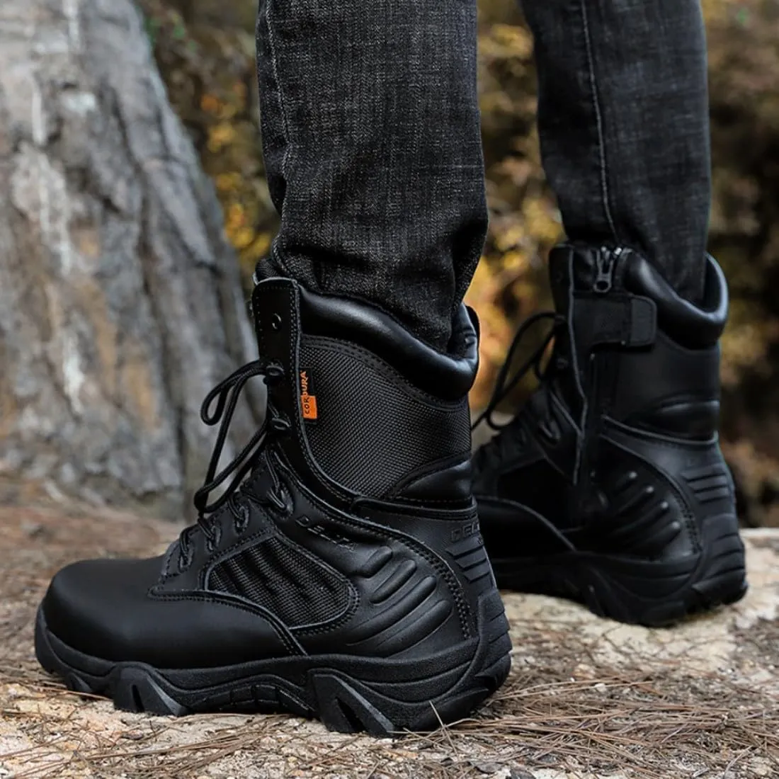 Men's Tactical Ankle Boots: Side Zipper Military Work Boots, Hook & Loop Closure