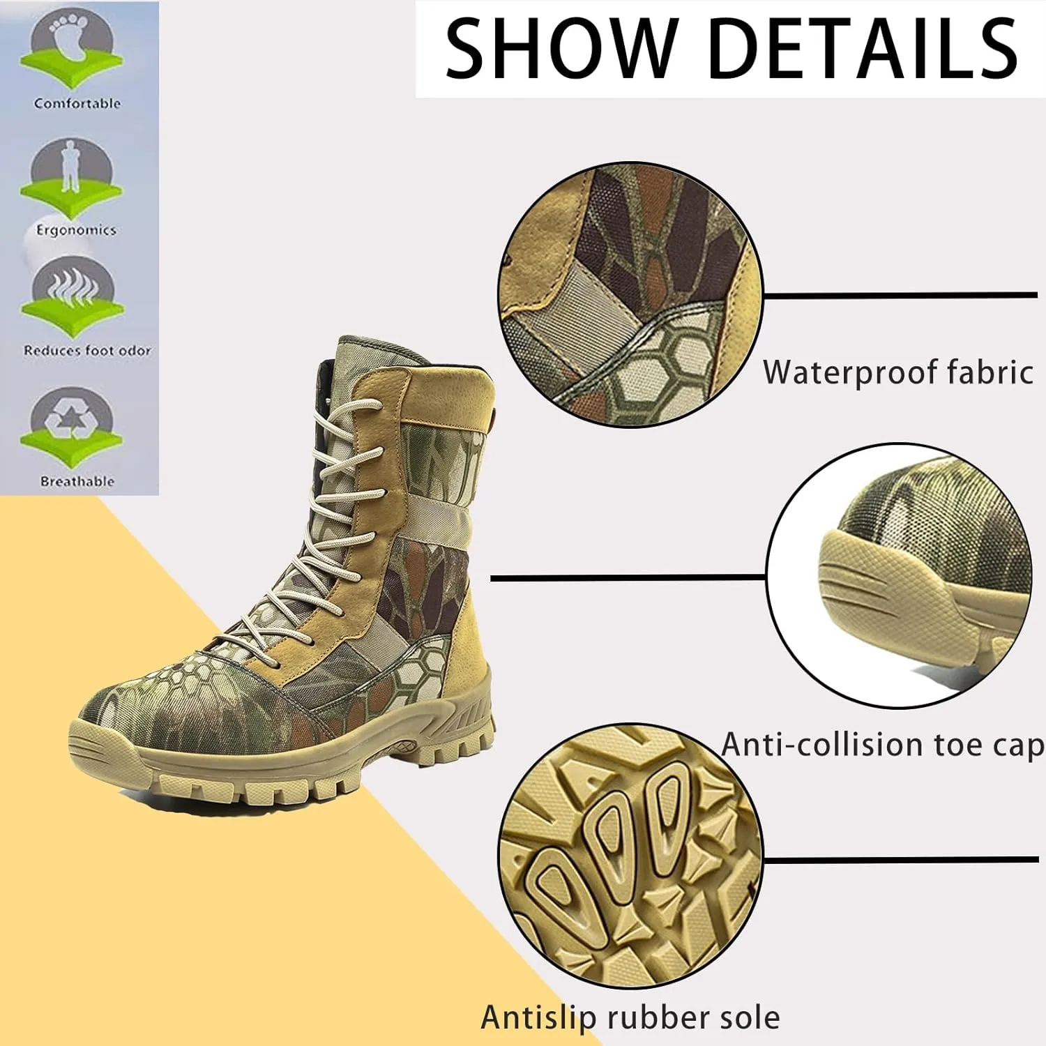Men's Waterproof Hiking Boots Platform Round toe Lace-up Non-slip Camping Trail High Combat Boots Outdoor Desert Boots