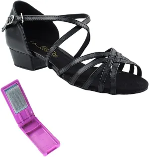 Very Fine Dance Shoes - Ladies Practice, Cuban Low Heel, Waltz, Wedding Dance Shoes - 1670FT - 1-inch Heel and Foldable Brush Bundle - Black PU - 5