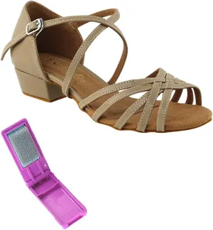 Very Fine Dance Shoes - Ladies Practice, Cuban Low Heel, Waltz, Wedding Dance Shoes - 1670FT - 1-inch Heel and Foldable Brush Bundle - Tan PU - 5