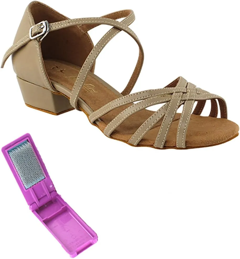 Very Fine Dance Shoes - Ladies Practice, Cuban Low Heel, Waltz, Wedding Dance Shoes - 1670FT - 1-inch Heel and Foldable Brush Bundle - Tan PU - 5