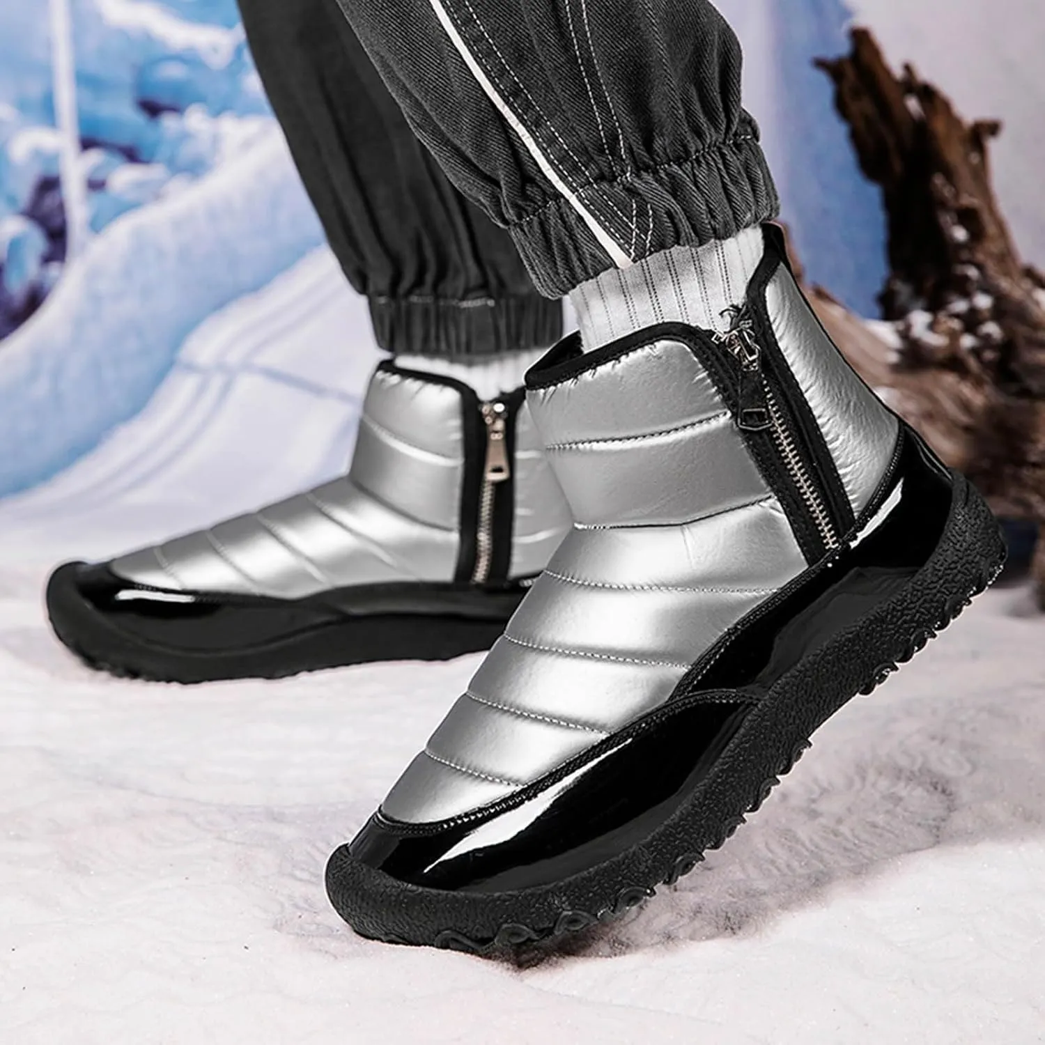 Water Proof Insulated Snow Boots for Men Fashion Leather Ankle Boots Fleece Lined Warm Zipper Snow Boots