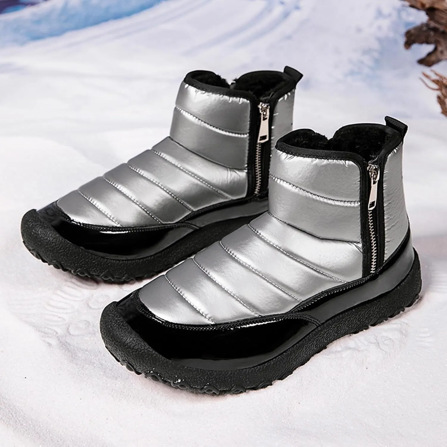 Water Proof Insulated Snow Boots for Men Fashion Leather Ankle Boots Fleece Lined Warm Zipper Snow Boots