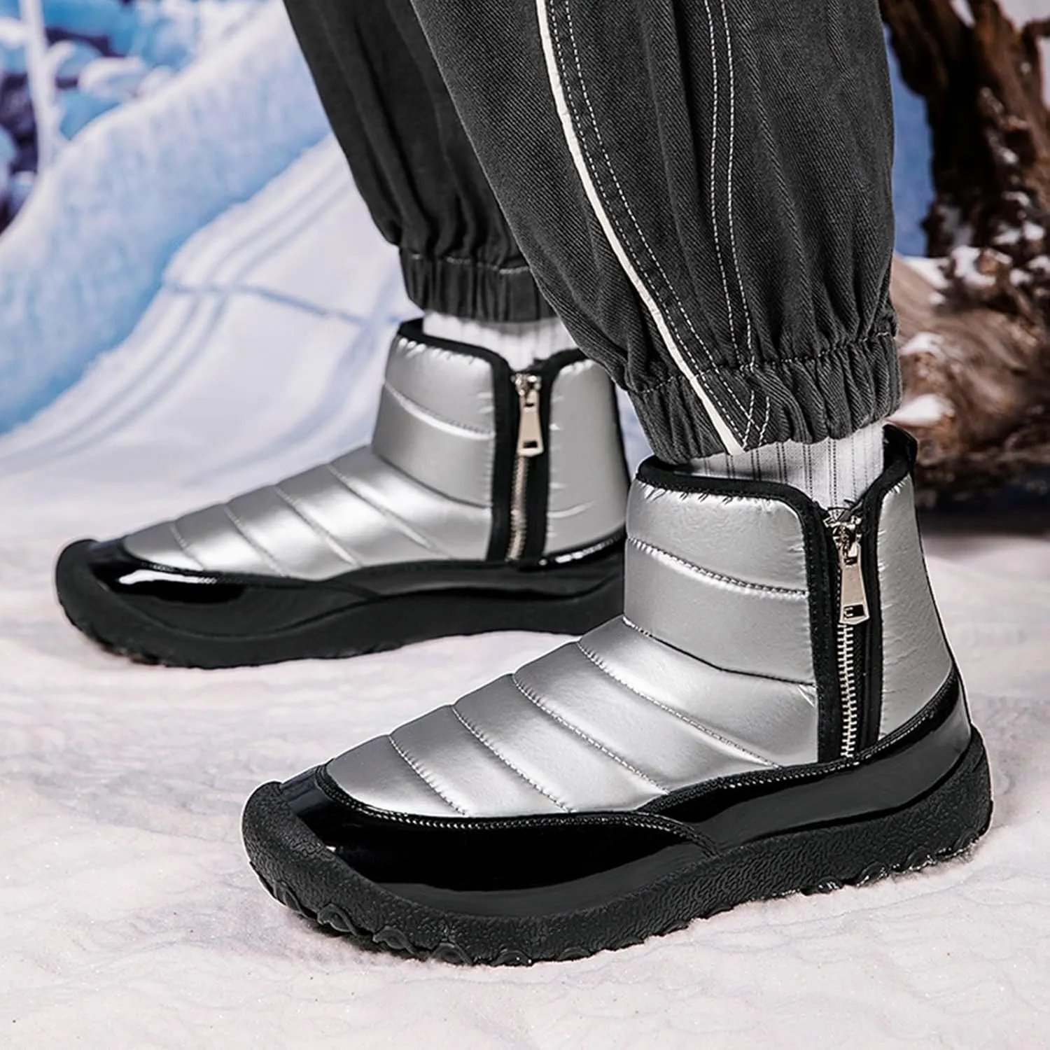 Water Proof Insulated Snow Boots for Men Fashion Leather Ankle Boots Fleece Lined Warm Zipper Snow Boots