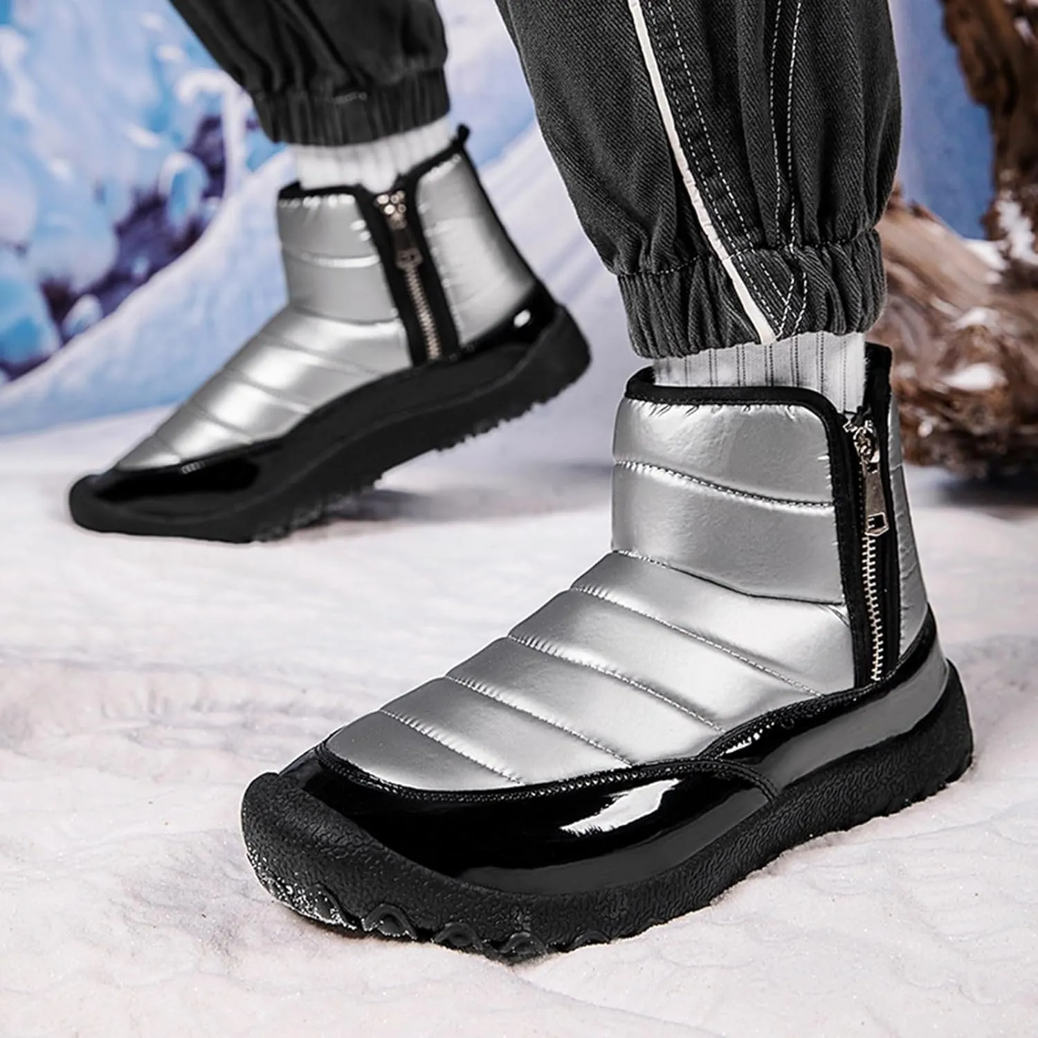 Water Proof Insulated Snow Boots for Men Fashion Leather Ankle Boots Fleece Lined Warm Zipper Snow Boots