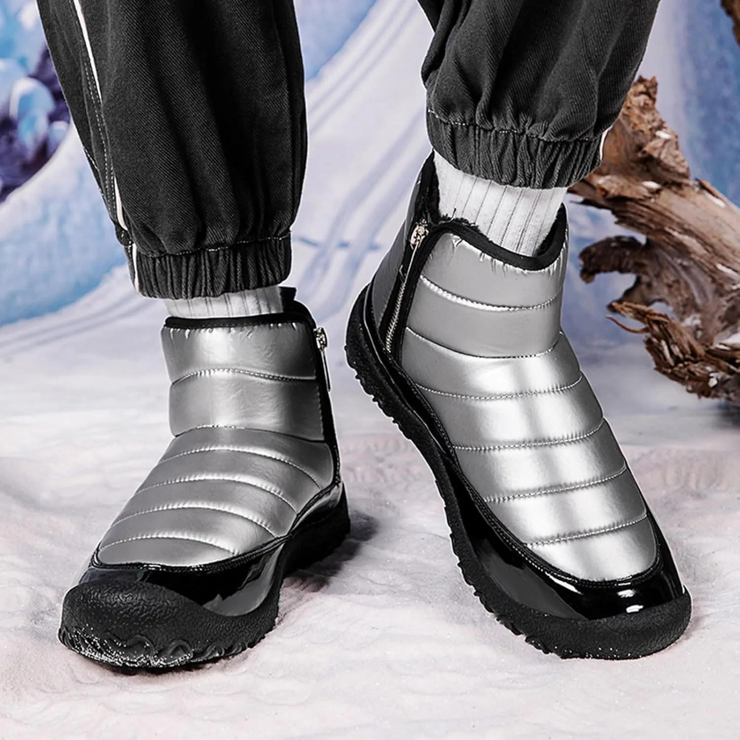 Water Proof Insulated Snow Boots for Men Fashion Leather Ankle Boots Fleece Lined Warm Zipper Snow Boots