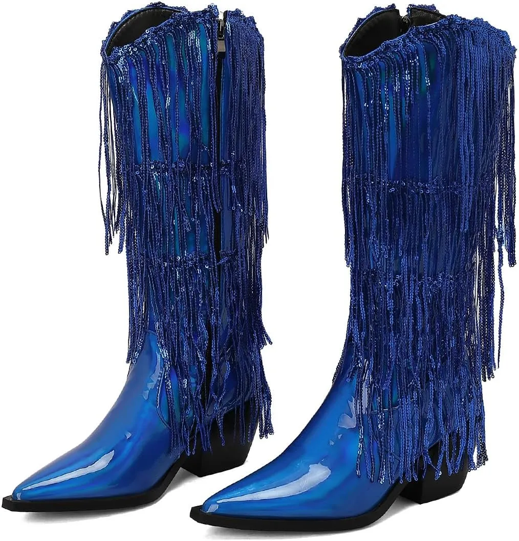 Women's Punk Rock Boots Tassel Side Zipper Comfortable Stable Chelsea Chunky Heel Knee High Boots