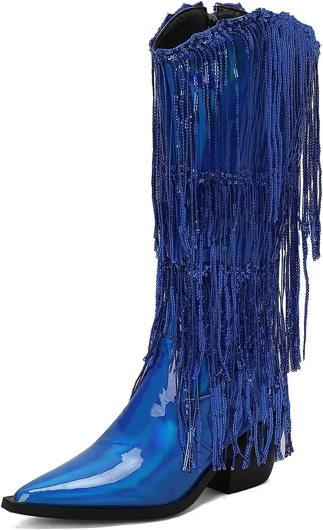 Women's Punk Rock Boots Tassel Side Zipper Comfortable Stable Chelsea Chunky Heel Knee High Boots