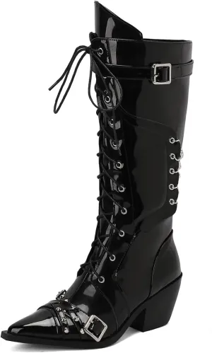 Women's Punk Rock Boots Tassel Side Zipper Comfortable Stable Chelsea Chunky Heel Knee High Boots
