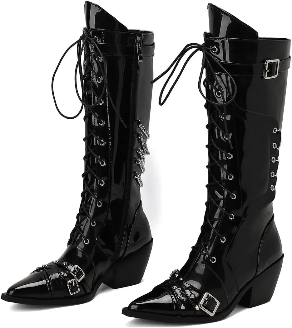 Women's Punk Rock Boots Tassel Side Zipper Comfortable Stable Chelsea Chunky Heel Knee High Boots