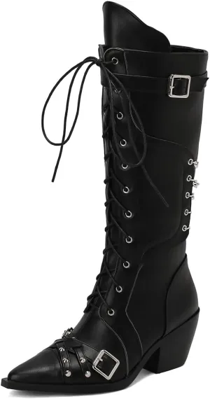 Women's Punk Rock Boots Tassel Side Zipper Comfortable Stable Chelsea Chunky Heel Knee High Boots
