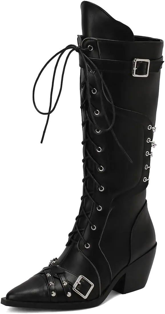Women's Punk Rock Boots Tassel Side Zipper Comfortable Stable Chelsea Chunky Heel Knee High Boots
