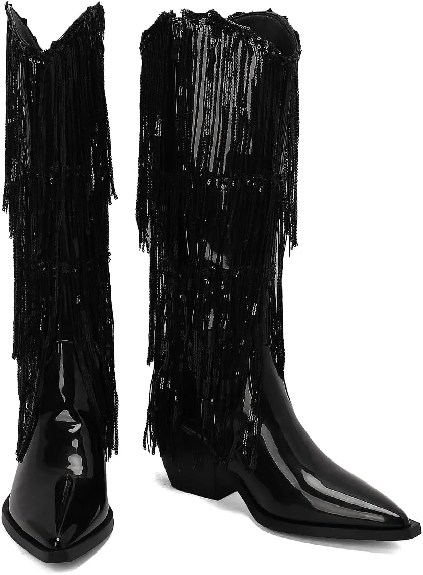 Women's Punk Rock Boots Tassel Side Zipper Comfortable Stable Chelsea Chunky Heel Knee High Boots