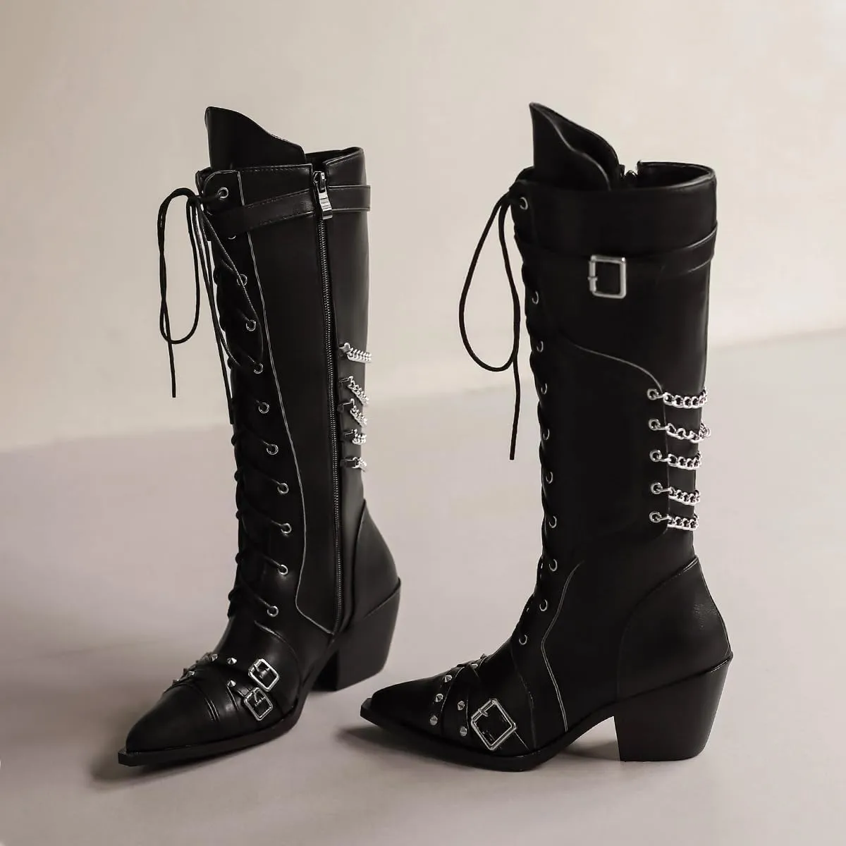 Women's Punk Rock Boots Tassel Side Zipper Comfortable Stable Chelsea Chunky Heel Knee High Boots