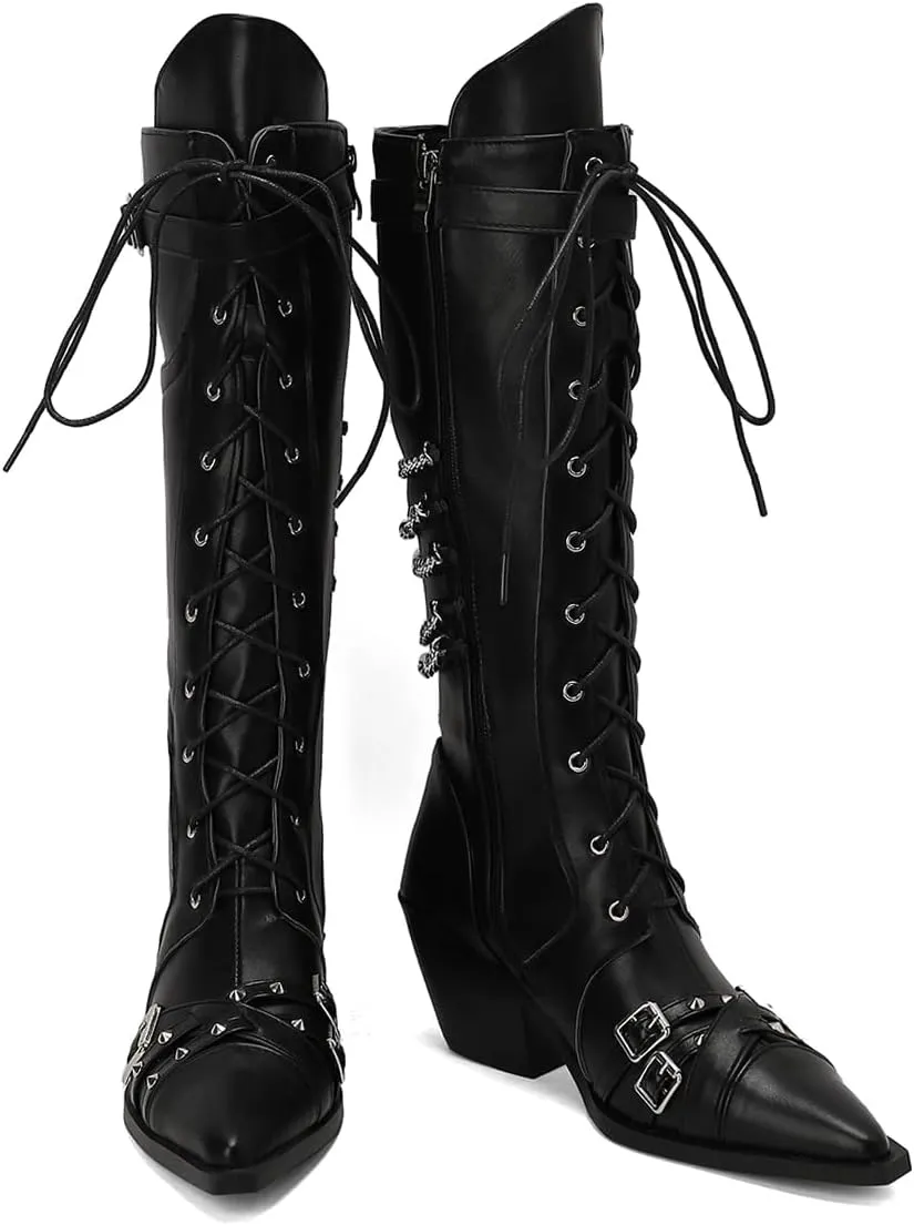 Women's Punk Rock Boots Tassel Side Zipper Comfortable Stable Chelsea Chunky Heel Knee High Boots