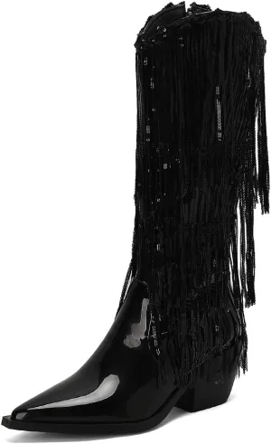 Women's Punk Rock Boots Tassel Side Zipper Comfortable Stable Chelsea Chunky Heel Knee High Boots